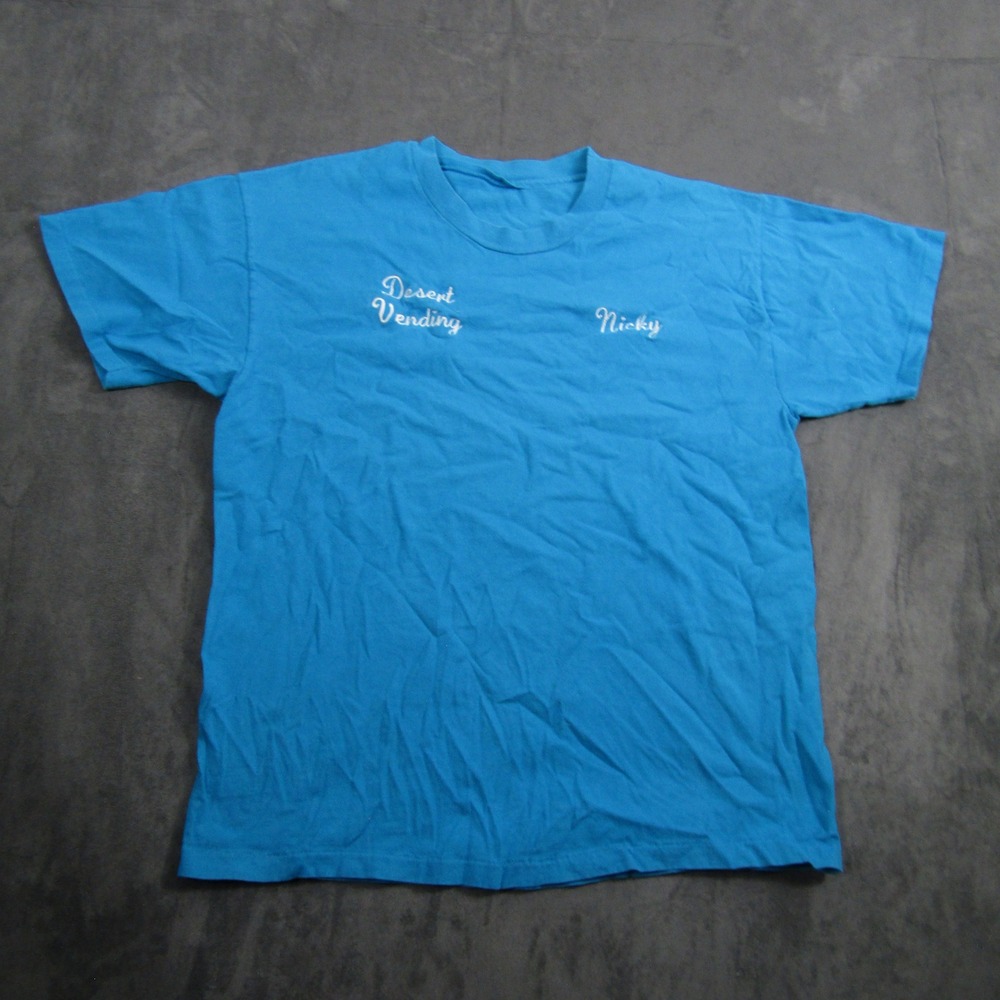 Vintage Desert Vending T Shirt Mens Large Blue Single Stitch Embroidered Nicky